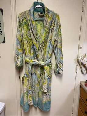 Echo Women's Plush Robe in Teal, Lime & Gray Paisley